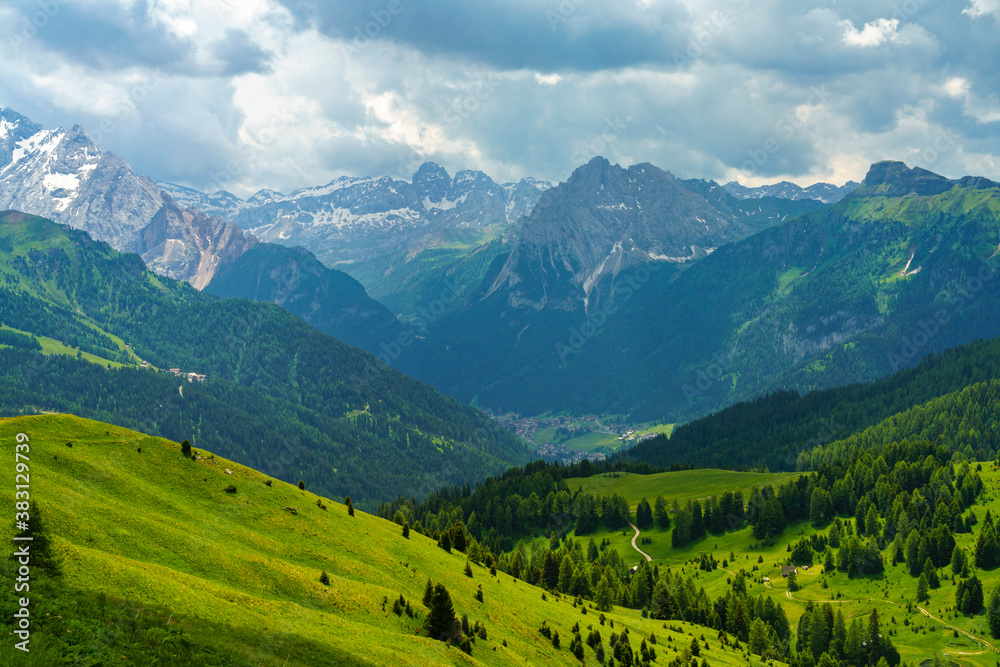Mountain landscape along the road to Sella pass, Dolomites