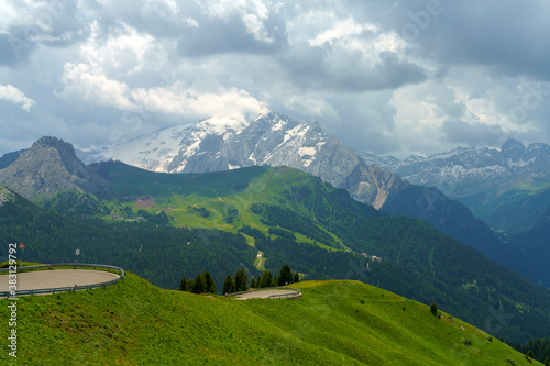 Mountain landscape along the road to Sella pass  Dolomites