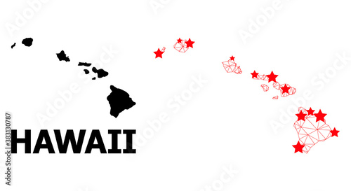 Network polygonal and solid map of Hawaii State. Vector structure is created from map of Hawaii State with red stars. Abstract lines and stars are combined into map of Hawaii State.