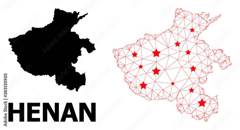 Obraz premium Wire frame polygonal and solid map of Henan Province. Vector model is created from map of Henan Province with red stars. Abstract lines and stars are combined into map of Henan Province.