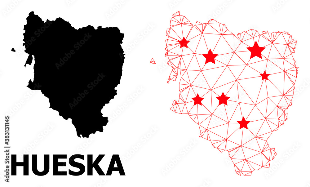Wire frame polygonal and solid map of Hueska Province. Vector model is created from map of Hueska Province with red stars. Abstract lines and stars are combined into map of Hueska Province. Wire frame polygonal and solid map of Hueska Province. Vector model is created from map of Hueska Province with red stars. Abstract lines and stars are combined into map of Hueska Province.