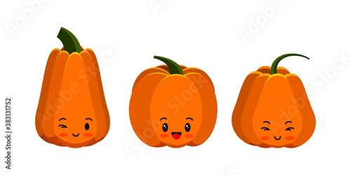 Pumpkin cute emoji icon set isolated on white. Thanksgiving, halloween emoticon character collection. Farm harvest, closeup squash. Kawaii flat design cartoon gourd. Vector food vegetable illustration