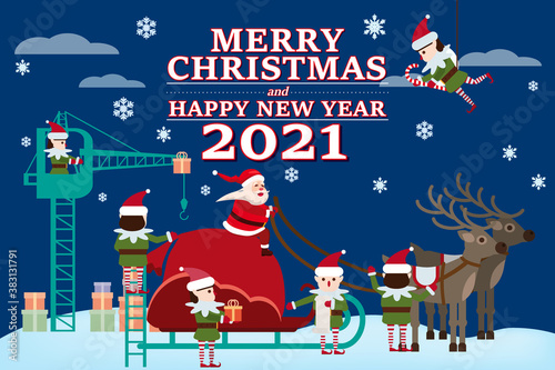 Santa Claus on a sleigh with deers and a huge bag of gifts. Elves helpers collect gift with text Merry Chrismas and Happy New Year 2021. Vector isolated flat carton style illustration vector