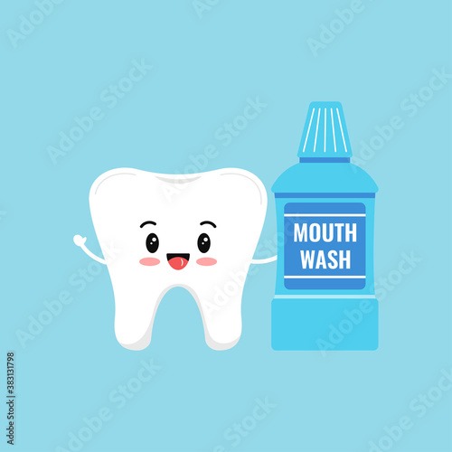 Cute tooth holding mouthwash bottle isolated on blue background. Flat design cartoon kawaii style smiling character vector illustration. Happy tooth with care product. Children teeth hygiene concept.