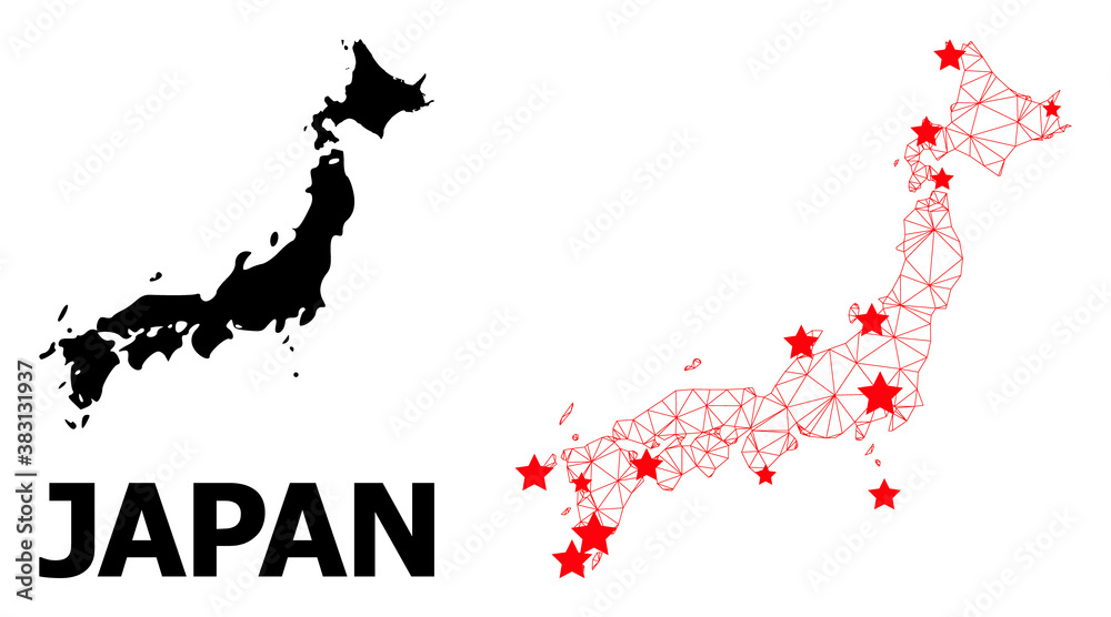 2D polygonal and solid map of Japan. Vector model is created from map of Japan with red stars. Abstract lines and stars form map of Japan. Wire frame 2D polygonal mesh in vector EPS format. 2D polygonal and solid map of Japan. Vector model is created from map of Japan with red stars. Abstract lines and stars form map of Japan. Wire frame 2D polygonal mesh in vector EPS format.