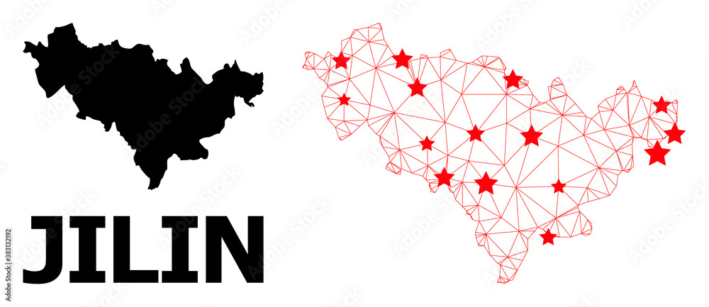 Obraz premium Wire frame polygonal and solid map of Jilin Province. Vector structure is created from map of Jilin Province with red stars. Abstract lines and stars are combined into map of Jilin Province.