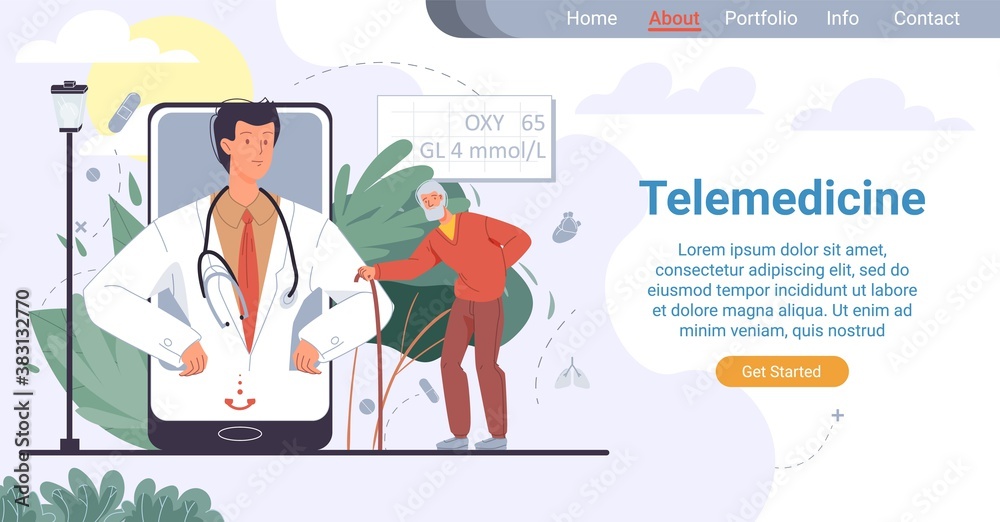 Telemedicine for elderly people. Online healthcare service for old patient. Medical landing page. Senior man asked doctor for help, listening to test result from therapist on mobile screen Telemedicine for elderly people. Online healthcare service for old patient. Medical landing page. Senior man asked doctor for help, listening to test result from therapist on mobile screen