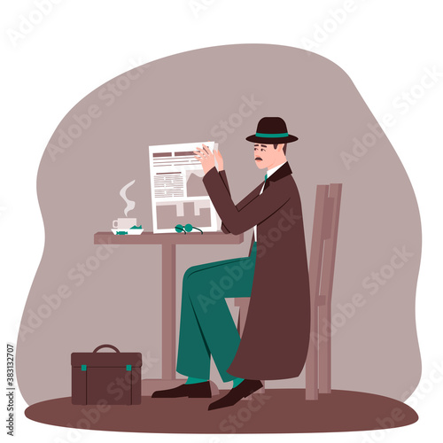 The detective sits and reads a newspaper at a table in a street coffee shop. The man is wearing a hat, bag and glasses. The detective drinks coffee and reads the news. Flat vector illustration.