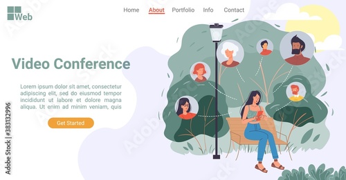 People participating in video conference via smartphone. Woman using mobile application to call online sitting on bench in park. Internet technology, digital communication. Landing page layout design