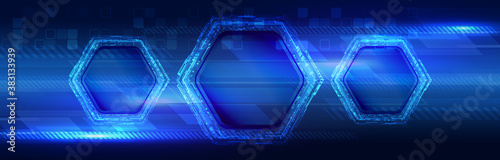 Wide modern hi-tech illustration. Sci fi technology background. Futuristic blue background with hexagons and glowing lines.