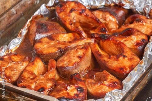 baked red fish in a marinade of teriyaki sauce