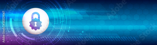 Cyber attack protection privacy concept. Protection from virus attack. Global antivirus secure system. Abstract blue background with various technology elements. Futuristic padlock illustration.