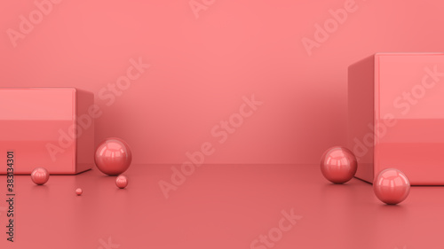 A scene of simple geometric shapes. Balls, spheres, cylinders and cubes. 3d rendering image.