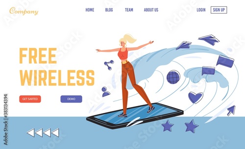 Wireless free wi-fi public assess hotspot zone landing page. Young woman riding smartphone like surfboard enjoy speed surfing design. Fast mobile internet. Unlimited traffic for online communication