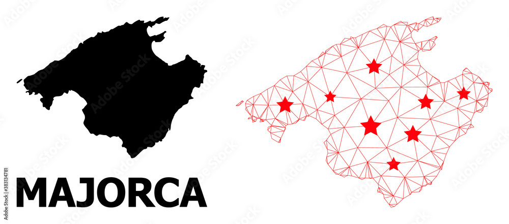 2D polygonal and solid map of Majorca. Vector model is created from map of Majorca with red stars. Abstract lines and stars are combined into map of Majorca.