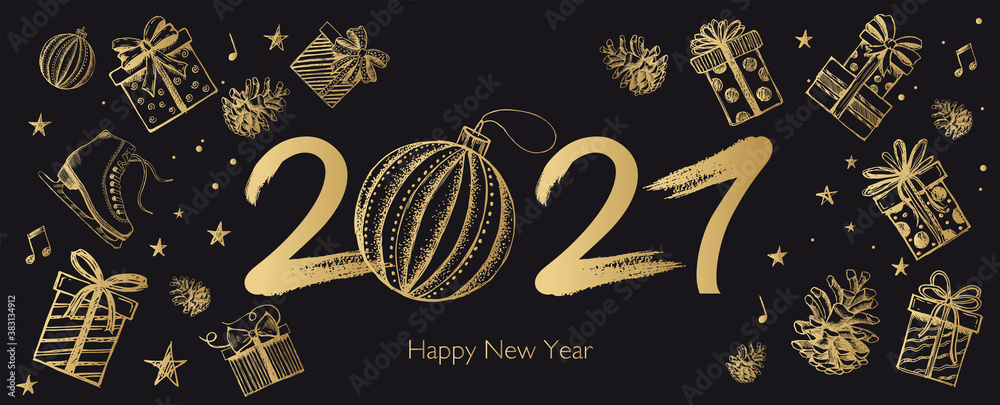 New Year 2021.Gift boxes set. Hand drawn illustration. New Year 2021.Gift boxes set. Hand drawn illustration.