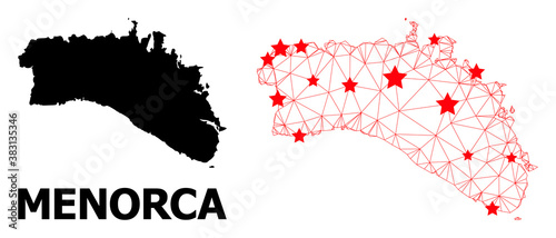 Wire frame polygonal and solid map of Menorca Island. Vector model is created from map of Menorca Island with red stars. Abstract lines and stars form map of Menorca Island.