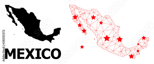 Mesh polygonal and solid map of Mexico. Vector structure is created from map of Mexico with red stars. Abstract lines and stars are combined into map of Mexico.