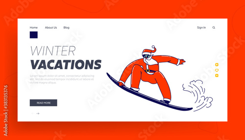 Christmas Holidays Vacation, Hobby and Spare Time Landing Page Template. Santa Claus Character Extreme Sports Activity © Pavlo Syvak