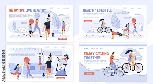 Happy family. Healthy lifestyle. Daily sport activity enjoyment. Parent children training at home, in park, cycling outdoor together. Different workout for woman, man, kid body care. Landing page set