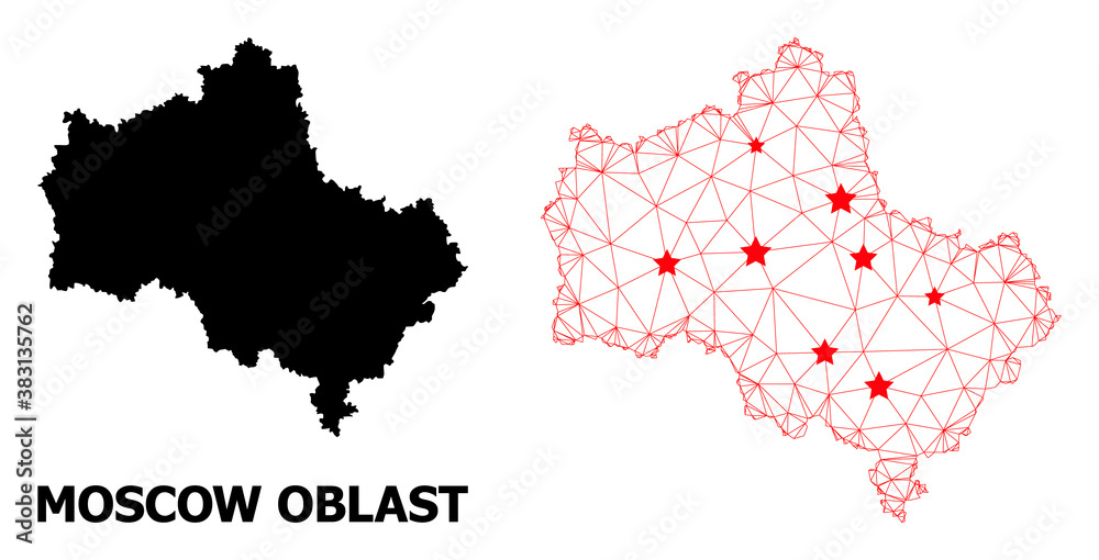Wire frame polygonal and solid map of Moscow Region. Vector structure is created from map of Moscow Region with red stars. Abstract lines and stars form map of Moscow Region.