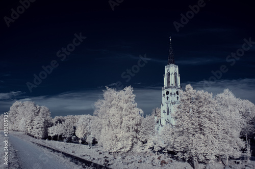 infrared photography - ir photo of landscape with tree under sky with clouds - the art of our world and plants in the infrared camera spectrum