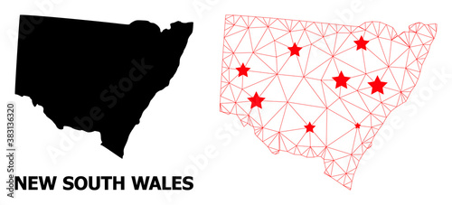 Carcass polygonal and solid map of New South Wales. Vector structure is created from map of New South Wales with red stars. Abstract lines and stars are combined into map of New South Wales.