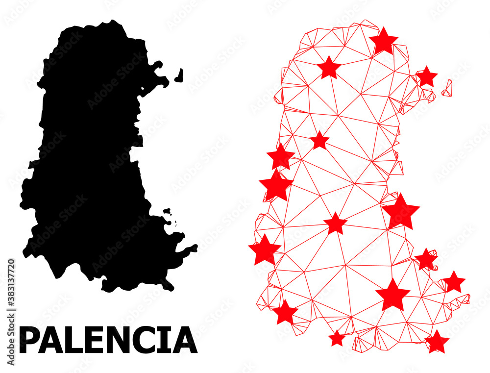 Mesh polygonal and solid map of Palencia Province. Vector model is created from map of Palencia Province with red stars. Abstract lines and stars are combined into map of Palencia Province.