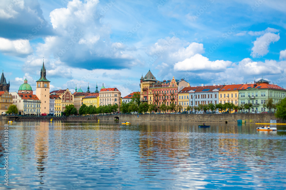 The landscape of the city of Prague view from the Vltava river on the ancient architecture of the city The landscape of the city of Prague view from the Vltava river on the ancient architecture of the city