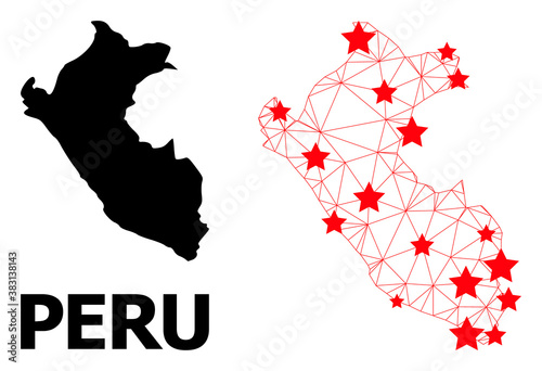Wire frame polygonal and solid map of Peru. Vector structure is created from map of Peru with red stars. Abstract lines and stars are combined into map of Peru.