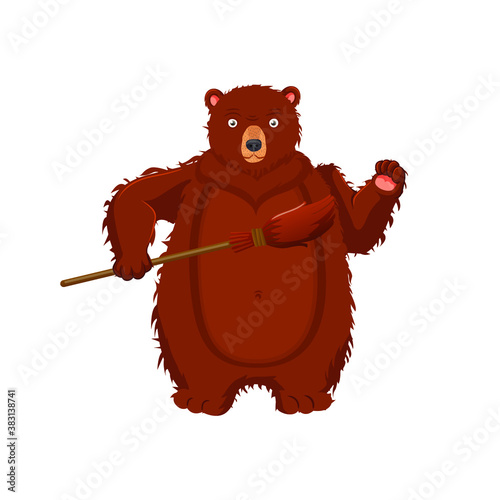 Bear with a broom, guarding his property. Cartoon bear on a white background.
