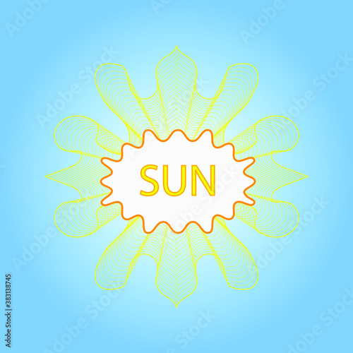 A yellow rosette or money style logo with a text box on a blue background.The inscription the sun. Vector graphics. EPS 10