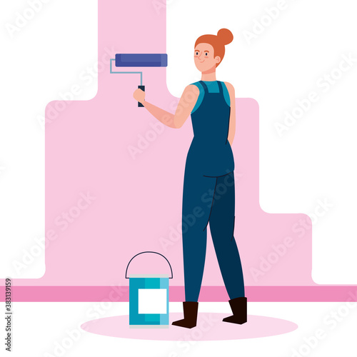 woman cartoon painting with roll and bucket design of remodeling construction working and repairing theme Vector illustration