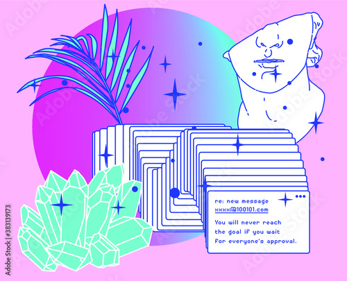 Surreal retrofuturistic vector illustration of user interface with Roman antique statue in cartoon anime or manga style.