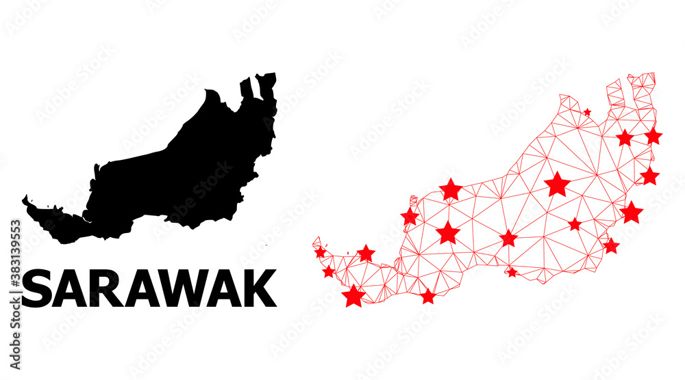Wire frame polygonal and solid map of Sarawak. Vector model is created from map of Sarawak with red stars. Abstract lines and stars are combined into map of Sarawak.