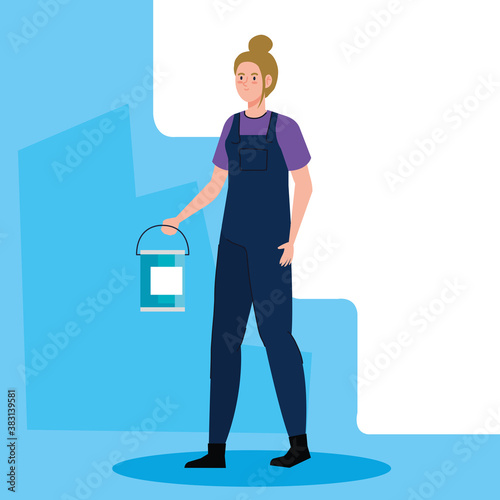 woman cartoon painting with bucket design of remodeling construction working and repairing theme Vector illustration