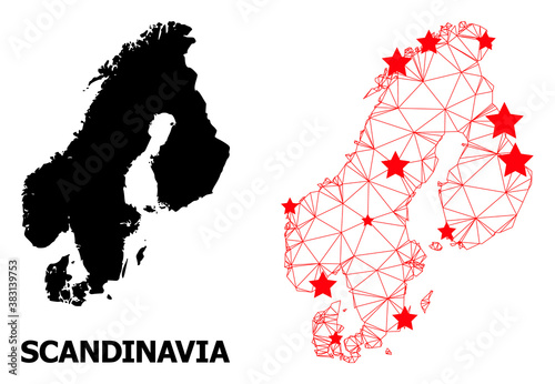 Network polygonal and solid map of Scandinavia. Vector structure is created from map of Scandinavia with red stars. Abstract lines and stars are combined into map of Scandinavia.