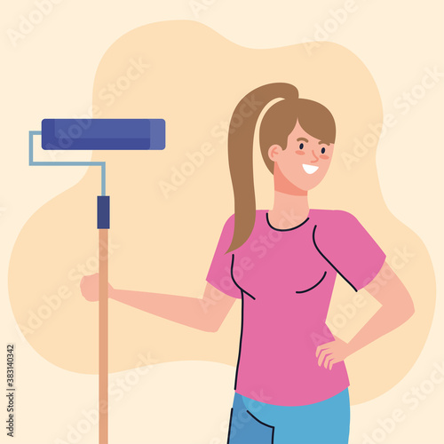 woman cartoon painting with roll design of remodeling construction working and repairing theme Vector illustration