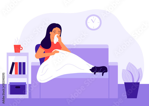 Sick woman with high fever sitting under blanket on couch at home. Girl with infection, fever, sick, flu, headache, allergy lying in bed. Treatment from virus, depression, health care at home. Vector