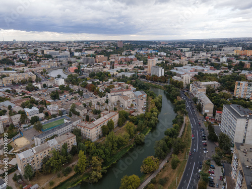 Aerial view of the panorama of the river and the city of Kharkov