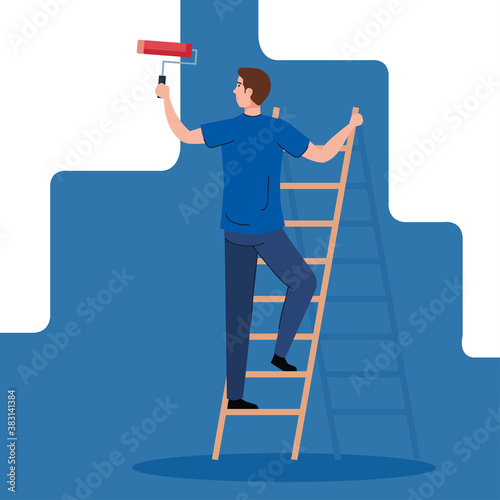 man cartoon painting with roll on ladder design of remodeling construction working and repairing theme Vector illustration