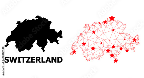Mesh polygonal and solid map of Switzerland. Vector model is created from map of Switzerland with red stars. Abstract lines and stars form map of Switzerland.