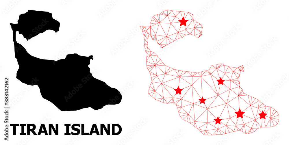 Wire frame polygonal and solid map of Tiran Island. Vector model is created from map of Tiran Island with red stars. Abstract lines and stars form map of Tiran Island.