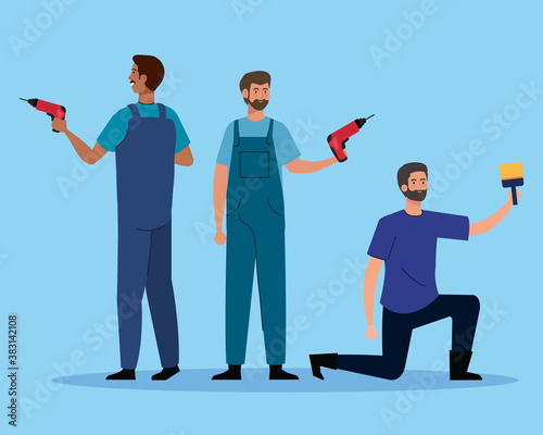 men with construction drill and paint brush design of remodeling working and repairing theme Vector illustration