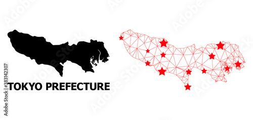 2D polygonal and solid map of Tokyo Prefecture. Vector structure is created from map of Tokyo Prefecture with red stars. Abstract lines and stars form map of Tokyo Prefecture.