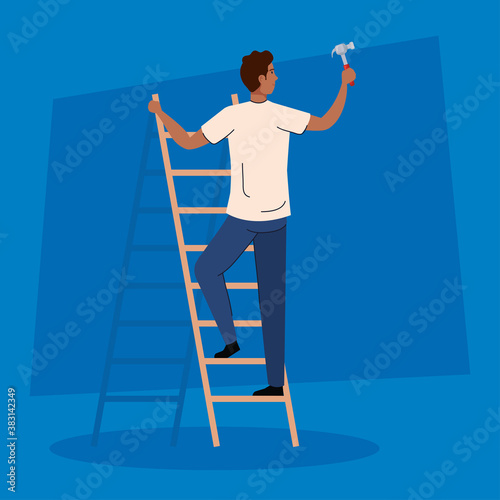 woman cartoon with construction hammer on ladder design of remodeling working and repairing theme Vector illustration