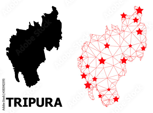 Carcass polygonal and solid map of Tripura State. Vector structure is created from map of Tripura State with red stars. Abstract lines and stars form map of Tripura State. photo