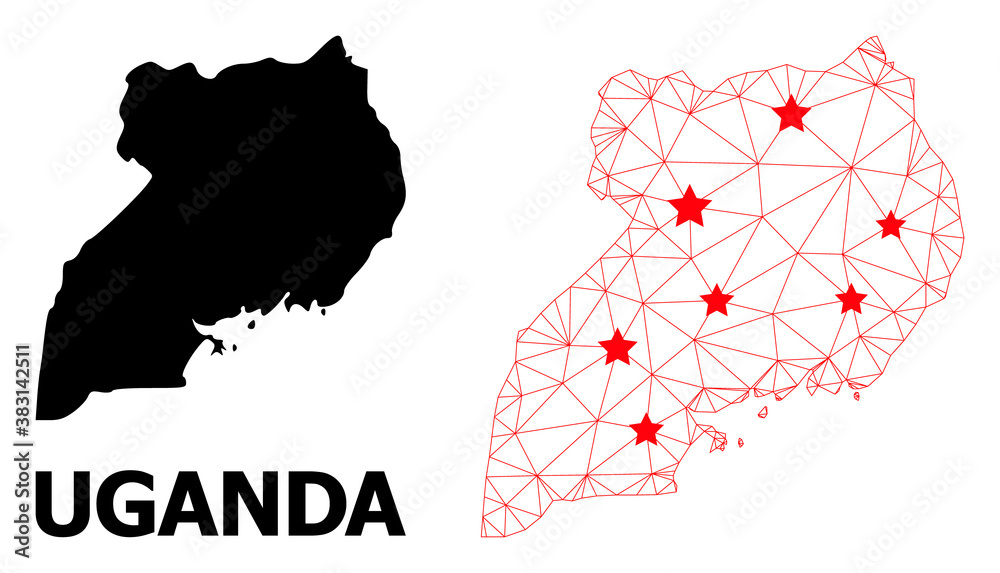 Carcass polygonal and solid map of Uganda. Vector structure is created from map of Uganda with red stars. Abstract lines and stars are combined into map of Uganda.