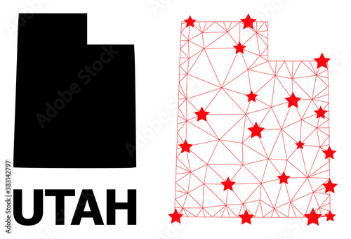 Wire frame polygonal and solid map of Utah State. Vector structure is created from map of Utah State with red stars. Abstract lines and stars form map of Utah State.