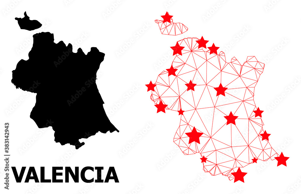 Mesh polygonal and solid map of Valencia Province. Vector model is created from map of Valencia Province with red stars. Abstract lines and stars are combined into map of Valencia Province.